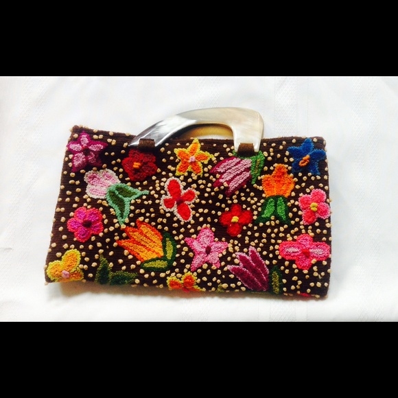 Annie Handbags - Annie Brown Floral Tapestry Clutch Acrylic Handle